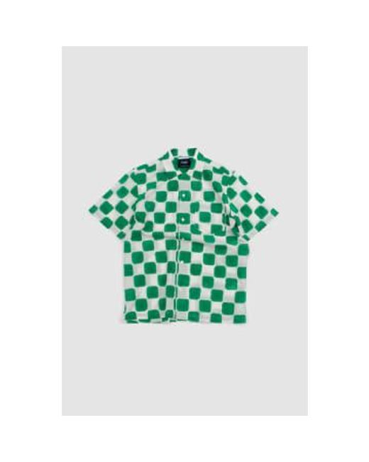 Drake's Green Camp Collar Checkerboard Block Print S for men