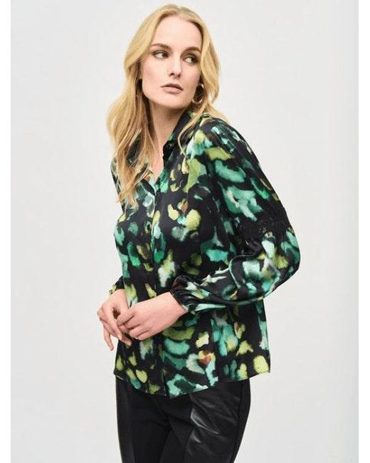 Joseph Ribkoff Green Satin Abstract Print Button-Down Blouse 243205 Col 178