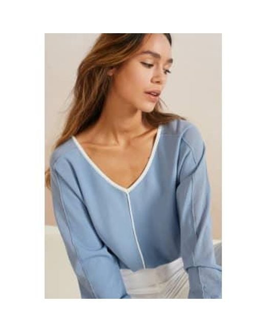 Yaya Blue Batwing Sweater With V Neck And Seam Details
