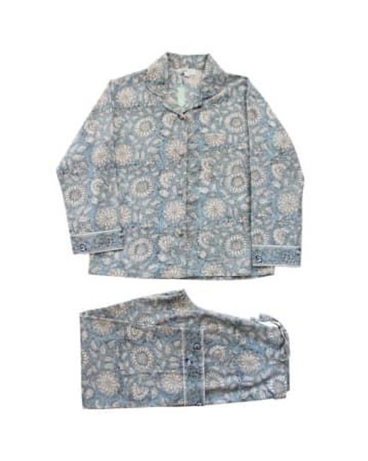 Powell Craft Gray Block Printed Cornflower Cotton Pyjamas Cotton