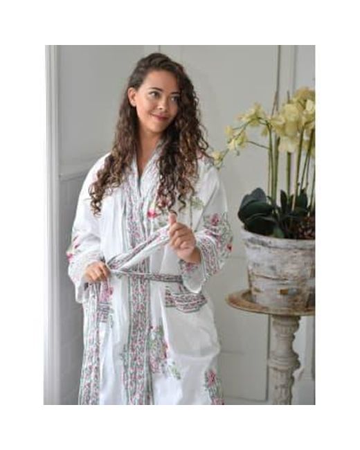 Powell Craft Gray Block Printed Floral Bird Cotton Dressing Gown One Size
