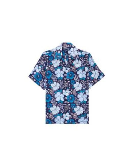 Tropical Turtles Ramie Bowling Shirt di Vilebrequin in Blue da Uomo