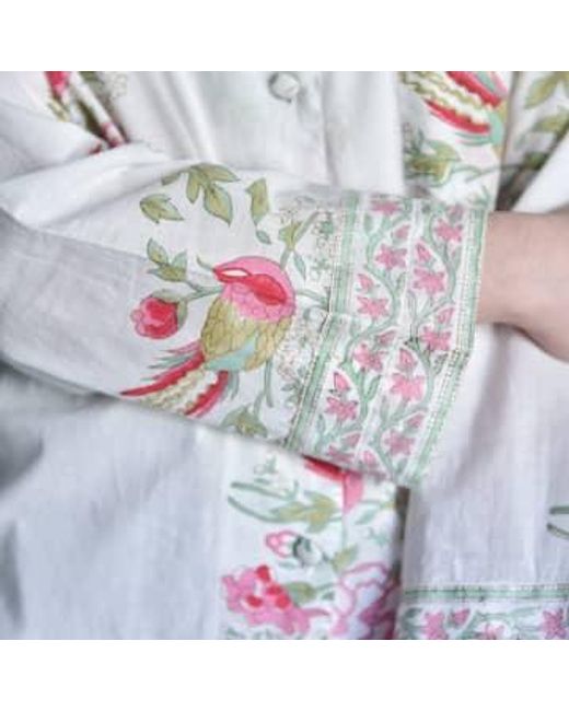 Powell Craft White Block Printed Floral Bird Cotton Pyjamas Cotton