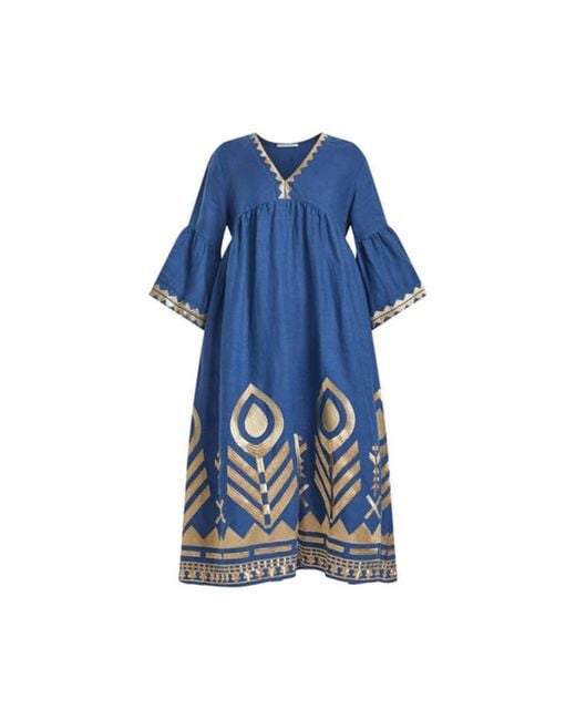 Greek Archaic Kori Blue Bell Sleeve Long Feather Dress Indigo/gold
