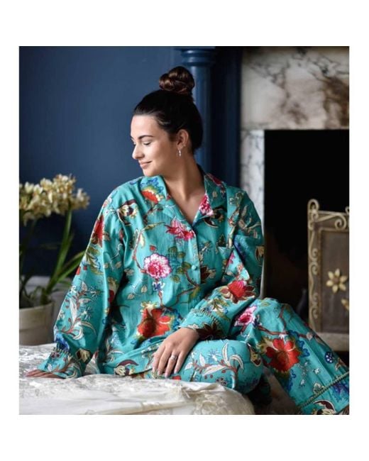 Powell Craft Ladies Teal Exotic Flower Print Cotton Pyjamas in Blue | Lyst
