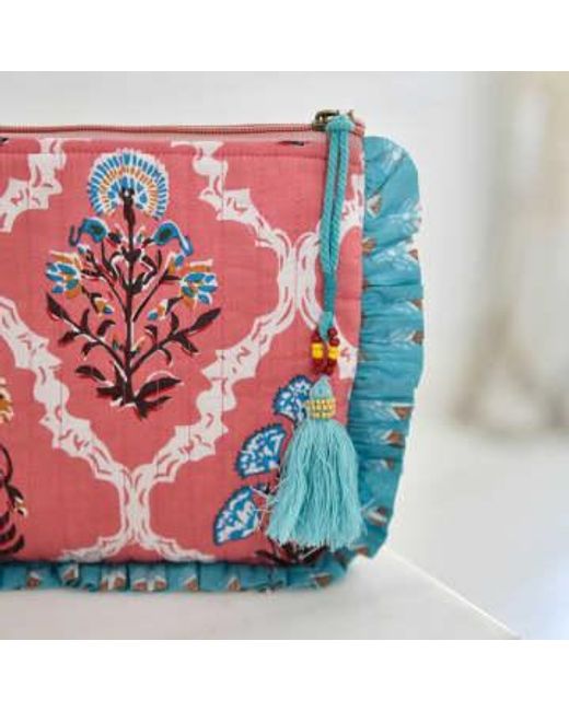 Powell Craft Red Block Printed & Blue Floral Quilted Make Up Bag