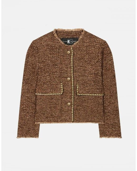 Luisa Cerano Tweed Frayed Edge One Button Blazer Denim