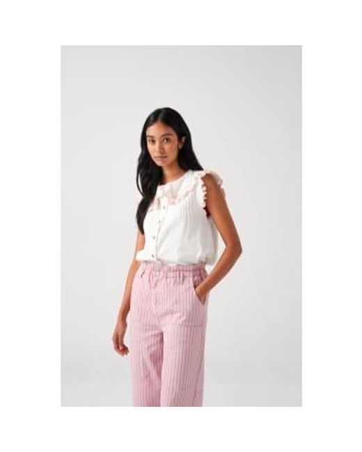 Seventy Mochi Ecru And Dusty Denim Embroidered Short Sleeve Phoebe Womens Blouse di seventy + mochi in Pink