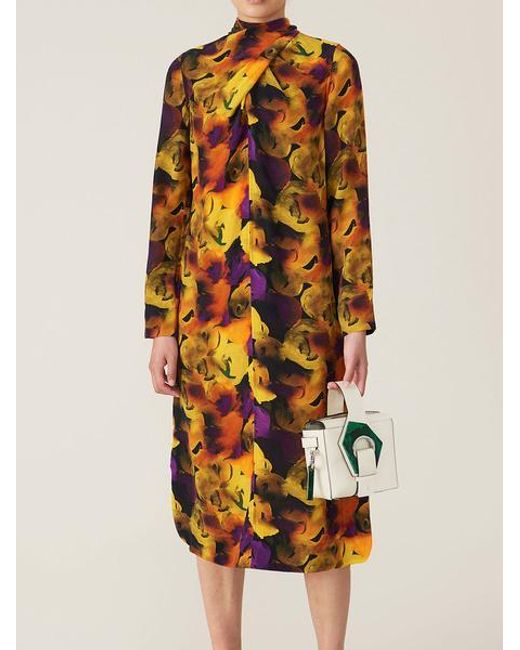 Ganni Silk Mix Midi Dress Lemon - Lyst