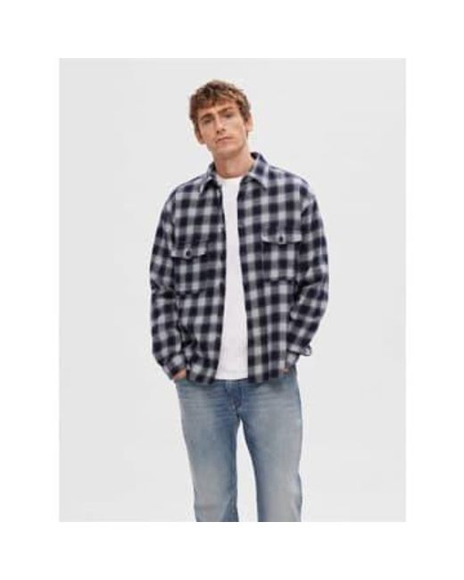 SELECTED Blue Dark Check Loose Mason Flannel Overshirt for men