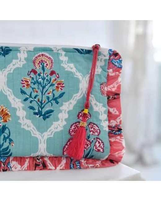 Powell Craft Blue Block Printed & Pink Floral Quilted Make Up Bag