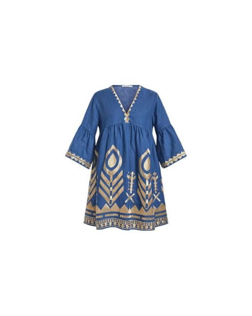 Greek Archaic Kori Blue Feather Chevron Short Dress Indigo/gold