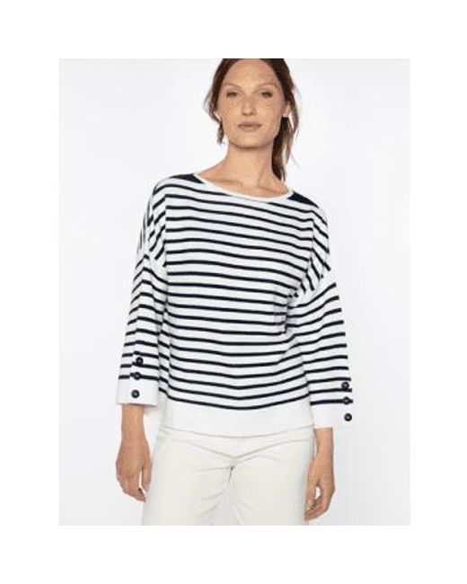 Cashmere Stripe Button Sleeve Pullover In And Navy Lssd4 129 di Kinross Cashmere in Blue