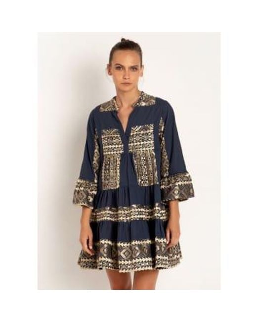 Greek Archaic Kori Blue Short Cotton Dress Navy/gold L