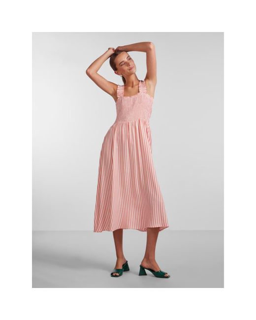 Pieces Korah Strap Midi Dress Hot Coral in Pink | Lyst