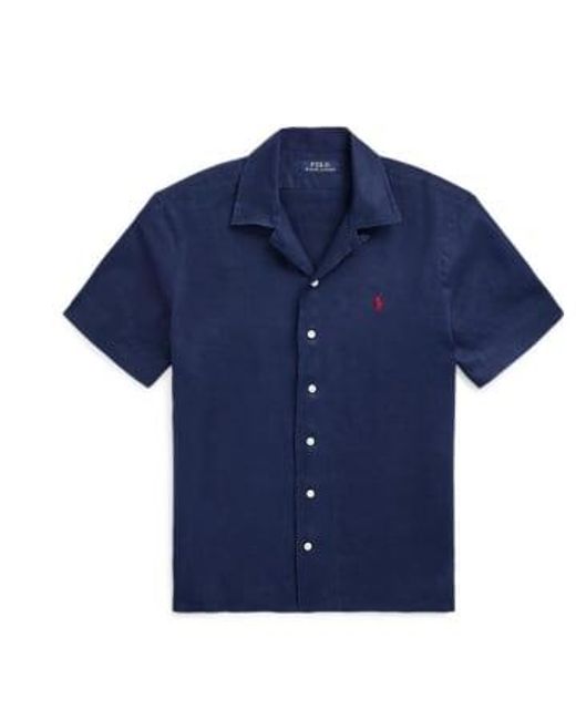 Blue Short Sleeved Linen Classic Sports Shirt di Ralph Lauren da Uomo