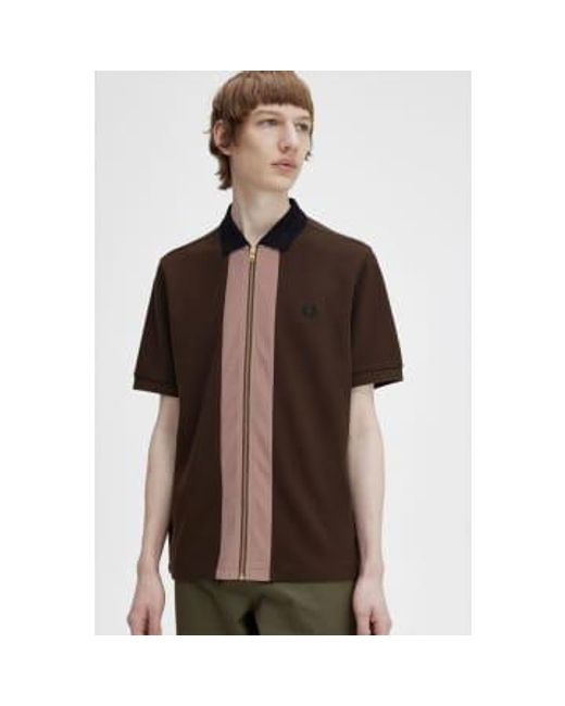 Fred Perry Brown Zip Through Polo Shirt Burnt Tobacco Medium for men