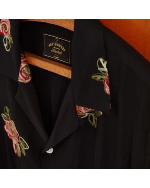 Portuguese Flannel Black Embroidered Vacation Shirt Roses L for men