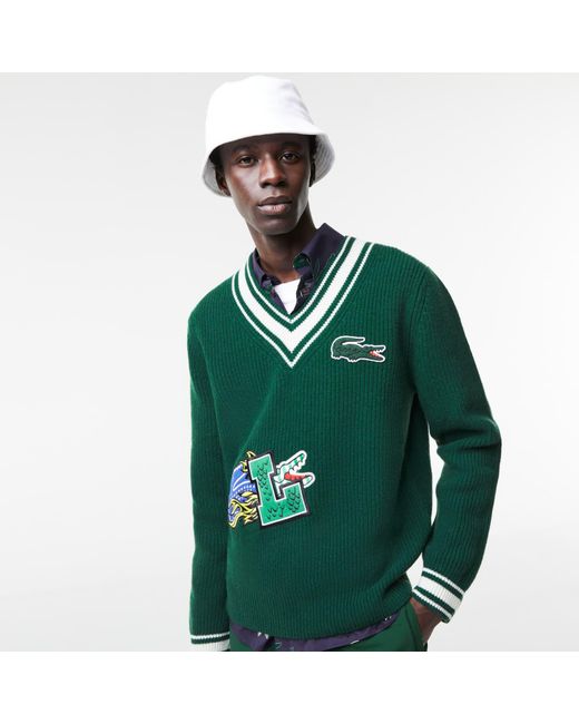 Lacoste Holiday Striped V-neck Sweater Comic Book Effect Badge Green for  Men | Lyst