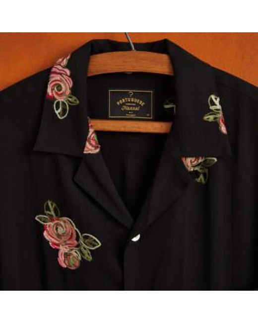 Portuguese Flannel Black Embroidered Vacation Shirt Roses L for men