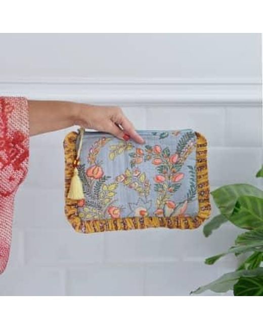 Powell Craft Blue Block Printed Exotic Bouquet Quilted Make Up Bag
