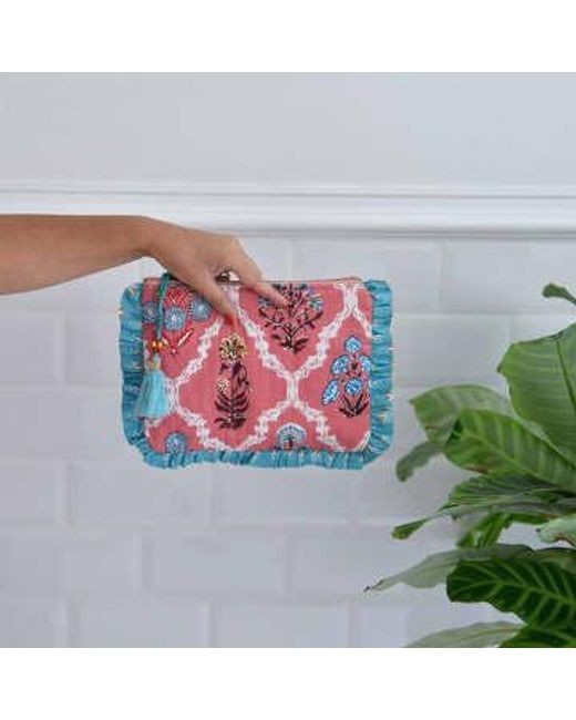 Powell Craft Red Block Printed & Blue Floral Quilted Make Up Bag
