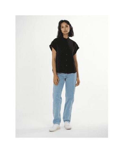 2090005 Collar Stand Short Sleeve Linen Shirt Jet di Knowledge Cotton in Black