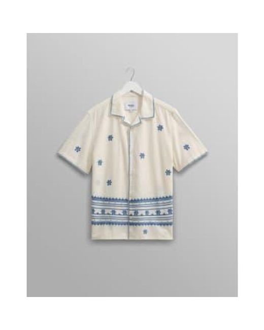 Wax London Blue Didcot Short Sleeve Shirt Ecru/ Daisy Embroidery S for men