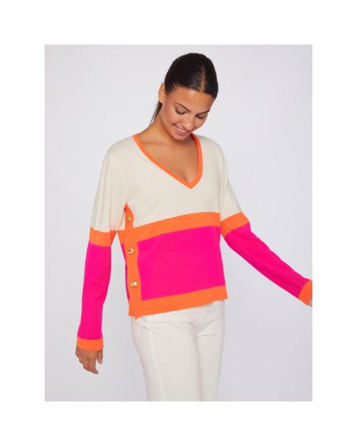 Vilagallo Sweater Colour Block Side Button V Neck Cream & Pink