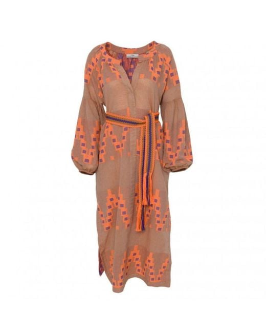 Devotion Twins Korali lang gedrucktes Kleid mit Ballonärmel Beige/Orange