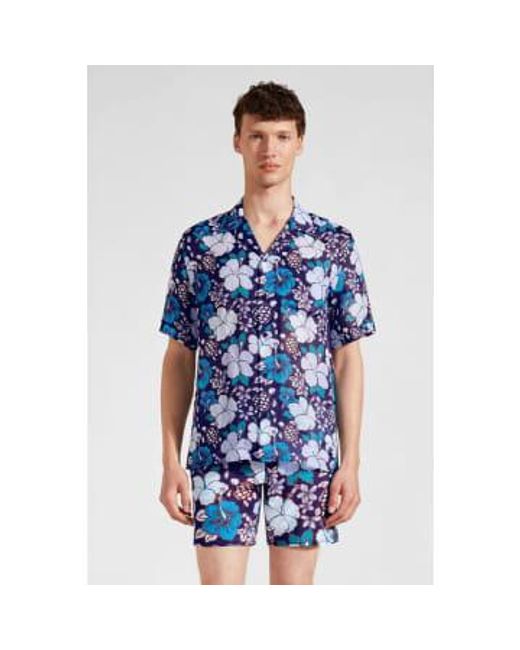 Tropical Turtles Ramie Bowling Shirt di Vilebrequin in Blue da Uomo