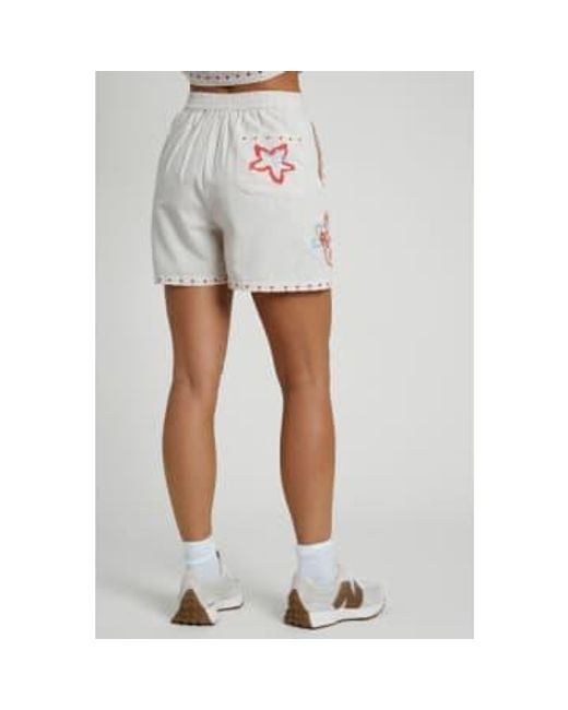 Native Youth White Linen Blend Shorts With Floral Embroidery Xs Uk 8