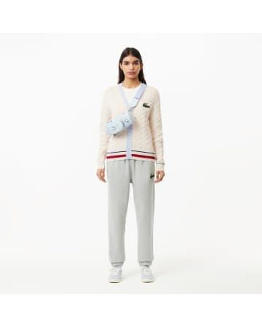 Lacoste White And Light Blue Organic Cotton Cable Knitted Unisex Jacket With V Neck Xxs