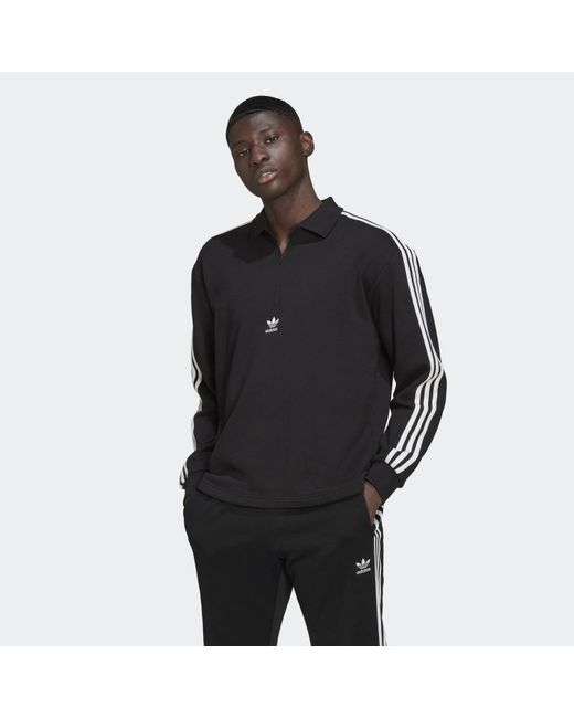 adidas Fleece Black 3 Stripes Long Sleeve Polo Shirt for Men | Lyst
