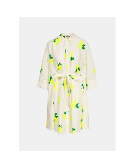 Essentiel Antwerp Yellow White Cotton Knee-length Shirt Dress With Lemon Print