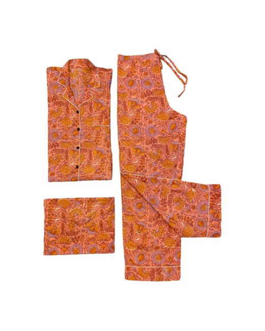Behotribe  &  Nekewlam Orange Pyjama Set Cotton Floral Block Print Apricot