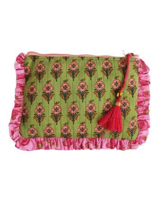 Powell Craft Green Block Printed & Pink Floral Quilted Make Up Bag Cotton