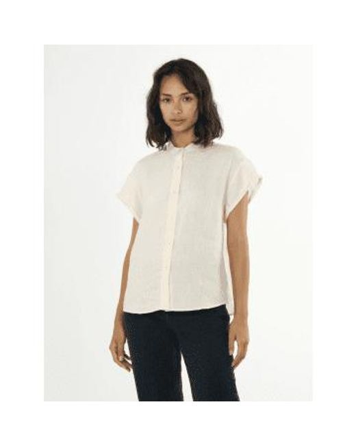 Knowledge Cotton White 2090005 Collar Stand Short Sleeve Linen Shirt Buttercream Xs