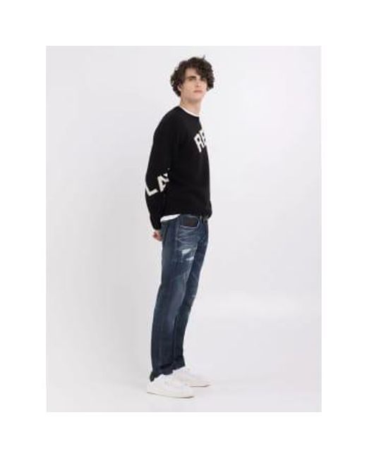 Replay Blue Blend Sweater With Jacquard Logo Black for men