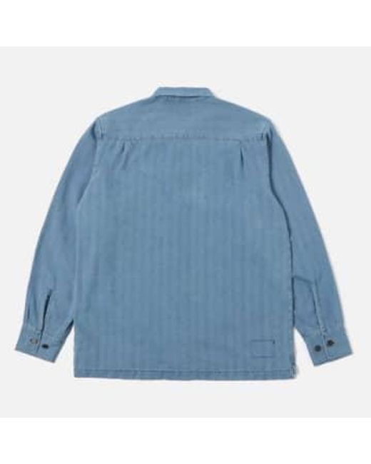 Universal Works Blue Long Sleeved Utility Shirt Herringbone Washed Indigo for men