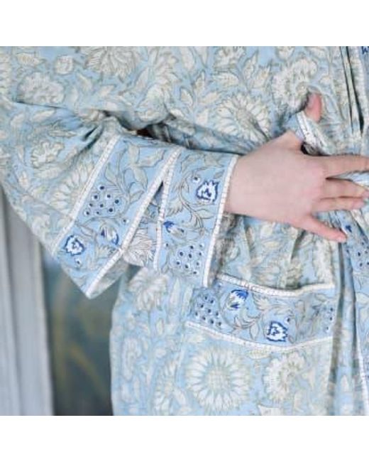 Powell Craft Blue Block Printed Cornflower Cotton Dressing Gown One Size