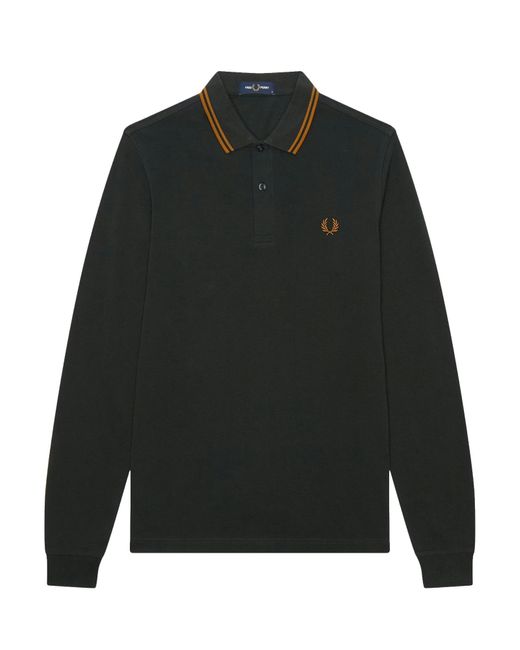 Fred Perry Black Authentic Long Sleeved Twin Tipped Polo Night & Marbled Walnut