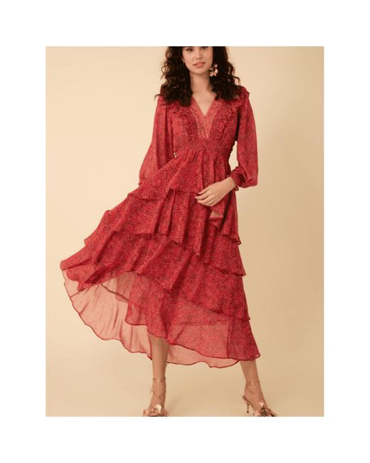 Hale Bob Red Alma abgestufte Chiffon Maxi -Kleid in Himbeer 38EH6040