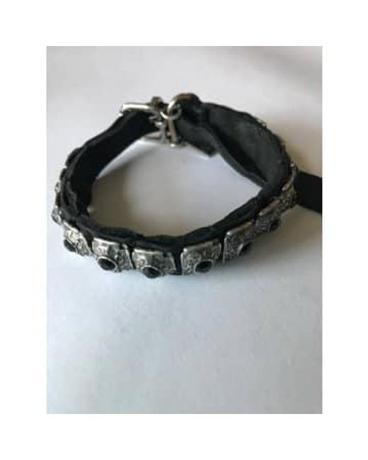 Bracelet en argent 925 oxydé et cuir avec pierres noires Goti en coloris Metallic