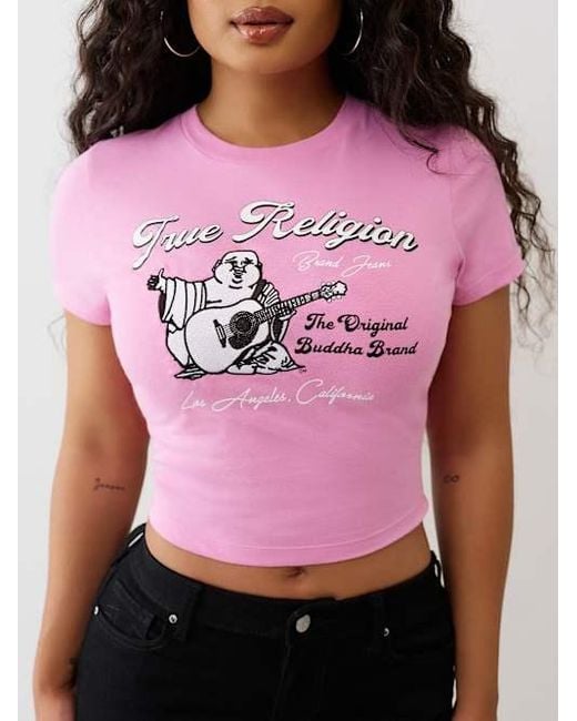 TRUE RELIGION Women's Pink Embroidered Buddha Patch Baby T-shirt