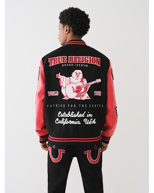 True Religion Chenille Logo Patch Varsity Jacket in Red for True Religion Chenille Logo Patch Varsity Jacket in Red for