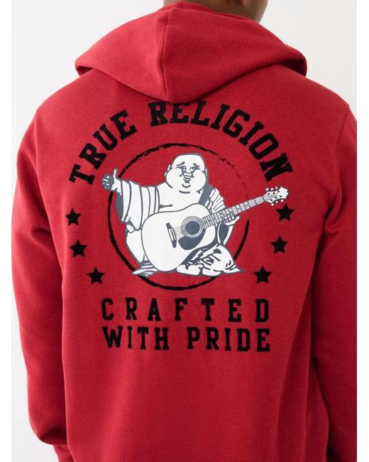 True Religion Red Flocked Arch Tr Star Zip Hoodie for men