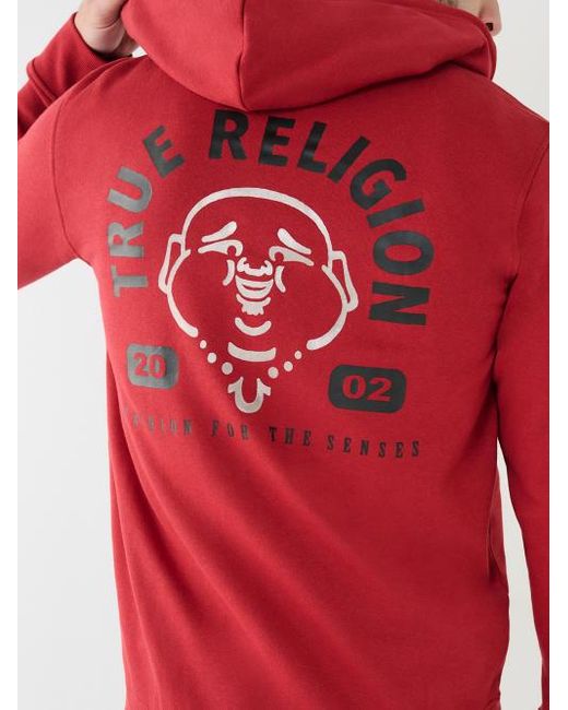 True Religion Red Metallic Buddha 2002 Logo Zip Hoodie for men