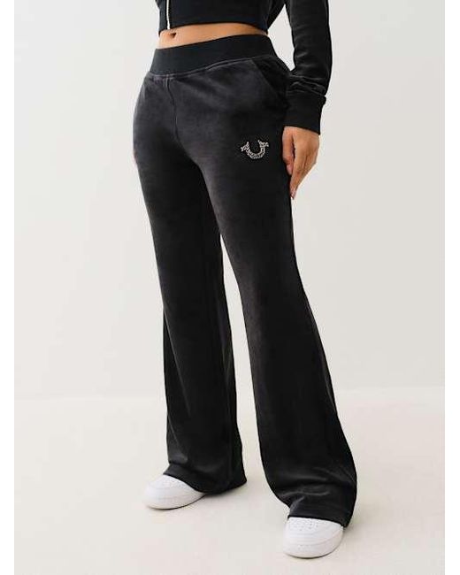 True Religion Black Velour Crystal Horseshoe Straight Leg Pant