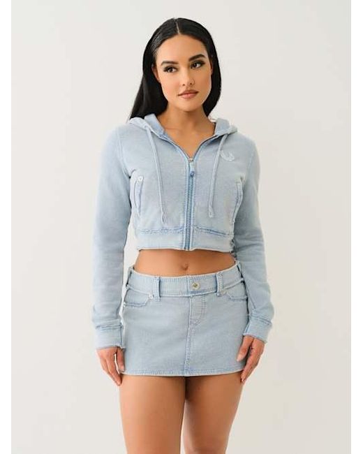 True Religion Blue Raw Edge Big T Shrunken Zip Hoodie